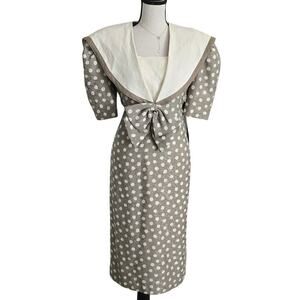 St. Gillian VTG Silk Polka Dot Midi Dress 12 Puff Sleeves Bow Collar Retro 80s